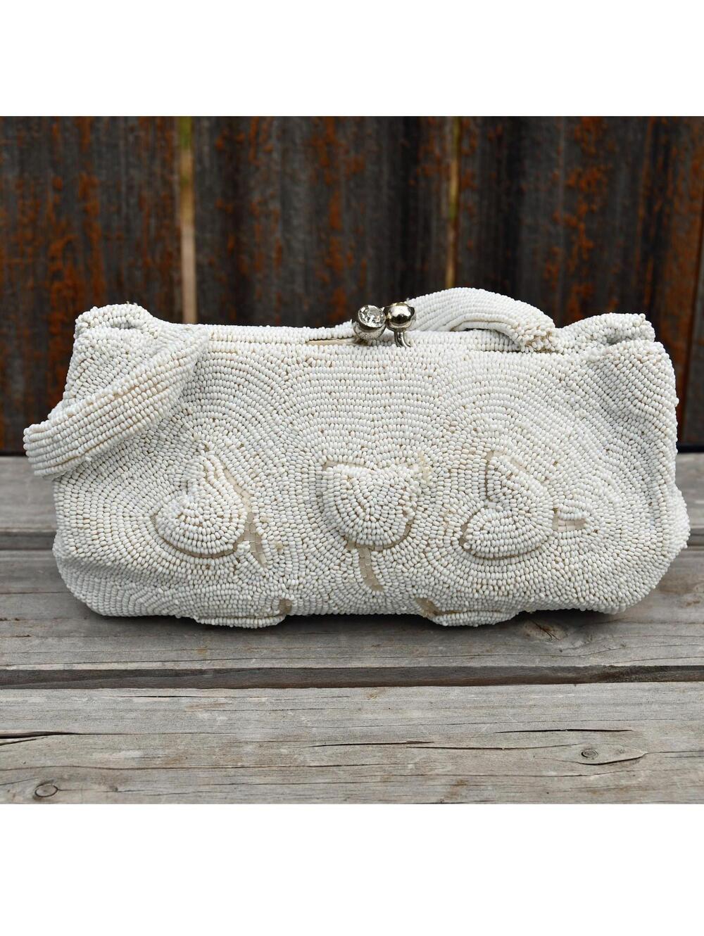 Vtg Walborg White Beaded Purse Clutch Bag Rhinestone Clasp Belgium Tulip Heart
